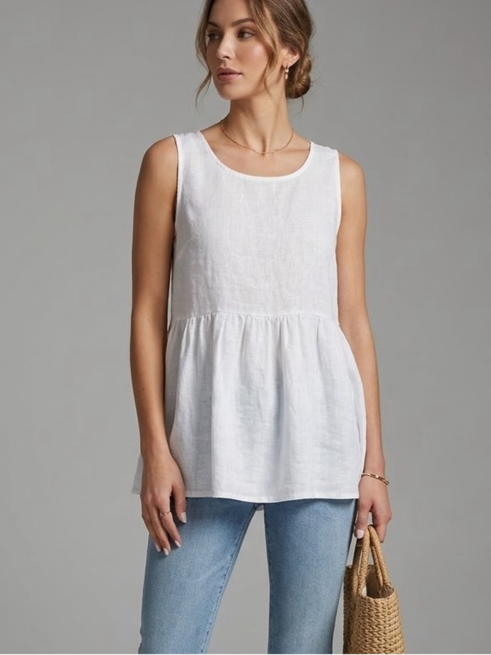 Francesca Bettini Italian Linen Babydoll Top White Linen Coastal Grandma Tank M